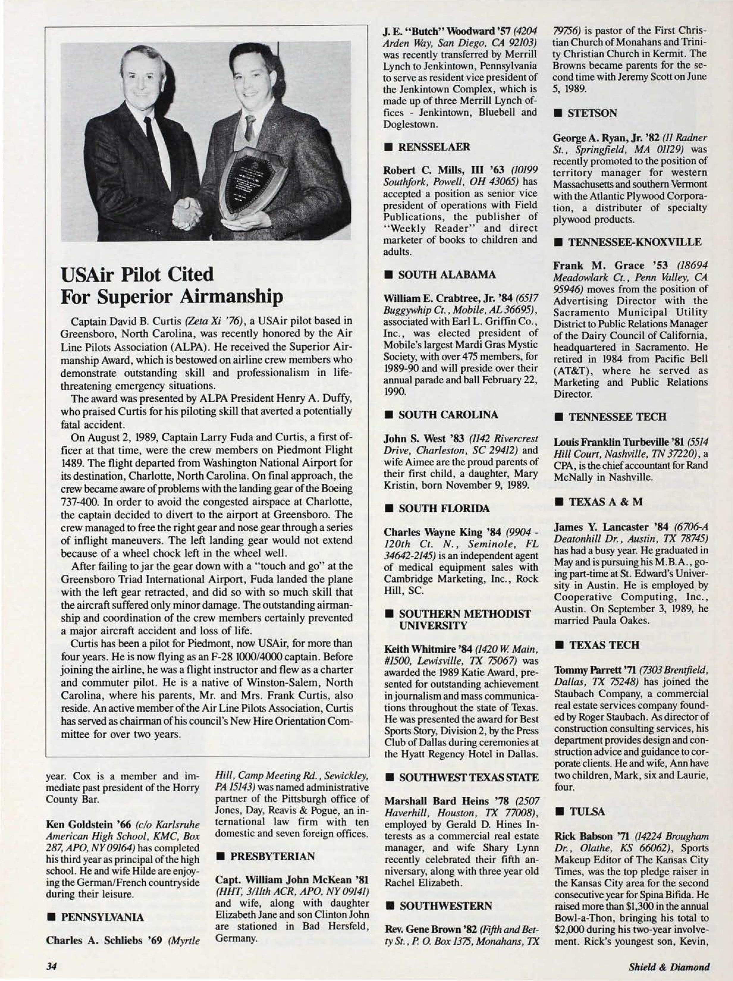 USAir Pilot Cited For Superior Airmanship